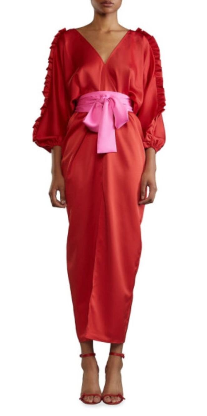 Cynthia Rowley Dolman Ruffle Sleeve Kaftan Dance Dress Red Pink